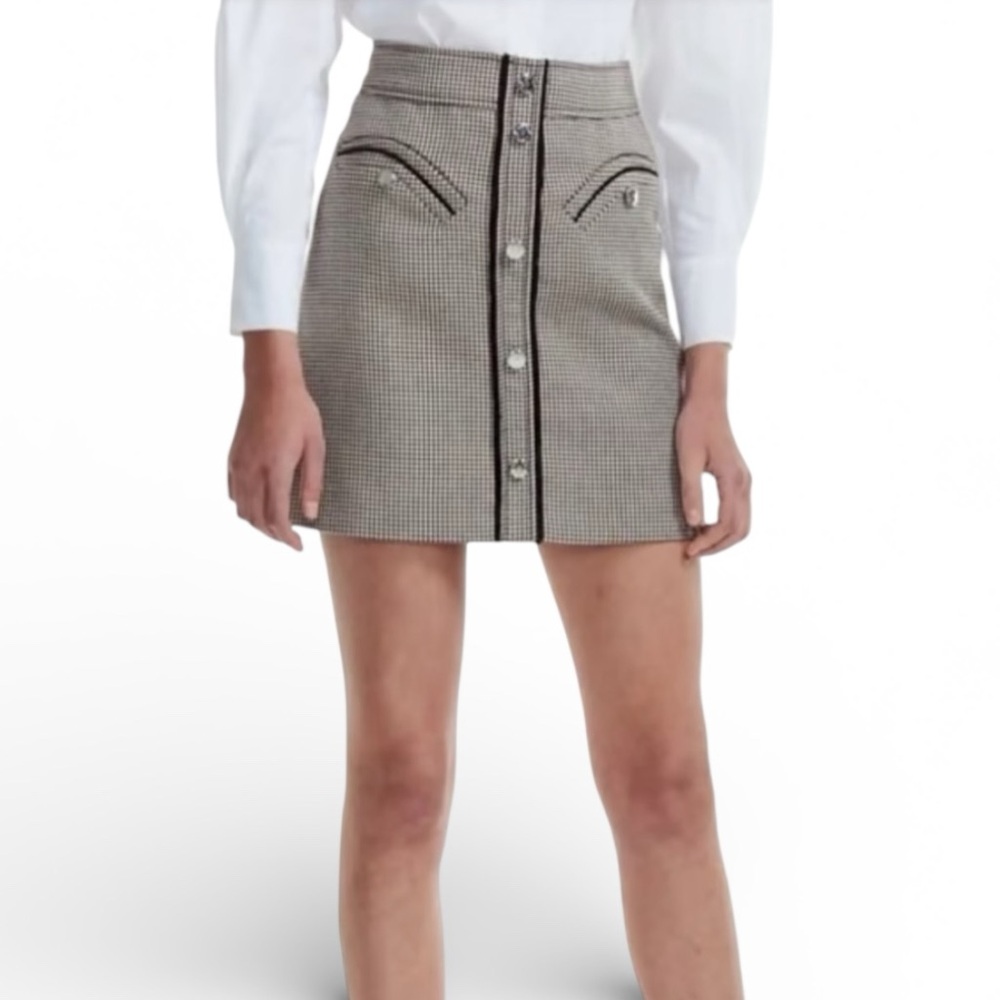 Maje Joldi Camel Houndstooth Check Button Detail Mini Skirt 0